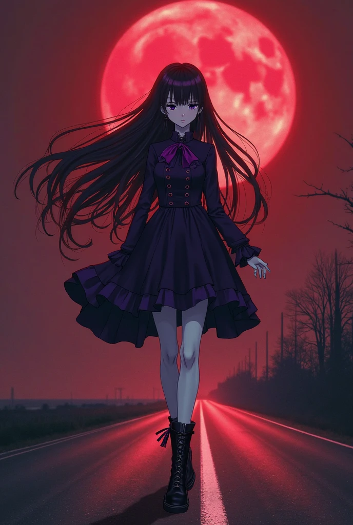 <lyco:Persona Lycoris-000036:0.75>, 1girl, aurora, bed, bed sheet, black hair, blunt bangs, city lights, cloud, constellation, crescent moon, curtains, earth \(planet\), full moon, galaxy, jewelry, light particles, long hair, looking at viewer, milky way, moon, moonlight, necklace, night, night sky, on bed, open window, planet, red eyes, red moon, round window, shooting star, sitting, sky, smile, solo, space, star \(sky\), starry sky, starry sky print, window