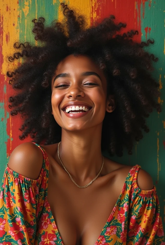 gorgeous young curly woman, Brazilian type, sexy fun smile, high contrast colors, wildflowers,  fluid dark pattern painting background, black white background, sunlight, street photography, 4k, professional lens.
