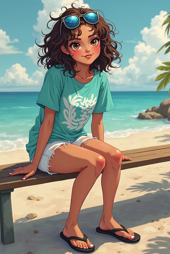 Ronnie Anne, hoodie, shorts, black eyes, ponytail, tanned skin, full body, curvy arms, defined legs, beautiful, pose, in the beach, long socks, curvilinear legs. handfeet, hands for feet