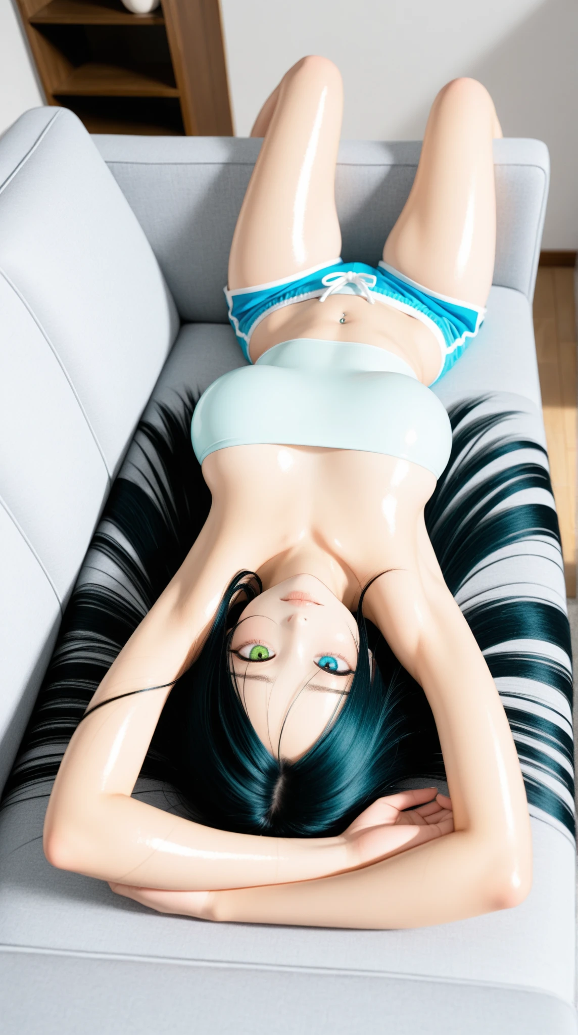 Masterpiece, best quality, 16k resolution, NVIDIA RTX Ray Tracing technology, Create a 4K resolution, ultra-realistic, and extremely detailed artwork, award winning, retina, soft light, sharp focus.
ubel, medium hair, hair between eyes, (green hair), side ponytail, purple eyes, smile, NSFW, (NAKED BREASTS:1.5), HAIRY PUSSY, PUBIC HAIR, LEASH
captivating and enticing,
STEALTH MASTURBATION
Lying, lie down, on back
indoors, fancy bedroom, window, clouds,
FULL BODY SHOT, ultra wide angle, textured skin, face detail, clean skin, perfect hands, perfect anatomy, anatomically correct