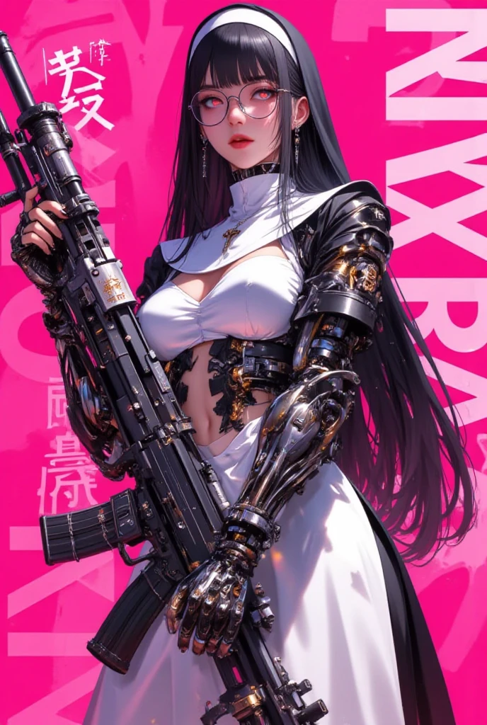 1girl,(cyberpunk), ((full body)),(( a huge big scythe, the size of half of the screen:1.3 )),solo, blonde braid hair, glowing red eyes,laugh fearlessly, leg tattoo, neck tattoo, large chest, black bra, thong, red pupils, skin fang, red eyes, black jacket,dynamic pose,cyberpunk city,