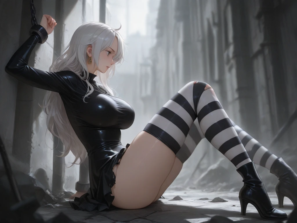 Masterpiece, HighestQuali, looking at the viewers,open legs, Underground Prison, Claira Rasbird, Long ponytail, Hair ribbon, Striped Scarves, Fingerless gloves, thigh-high boots, Torn clothing, Torn underwear、Navel Ejection, Skirt pull up、pantyshot、White panty、giant breast、Transverse breasts、Black sports bra、wide open cleavage、blushing、troubled look、Sweating on the skin、