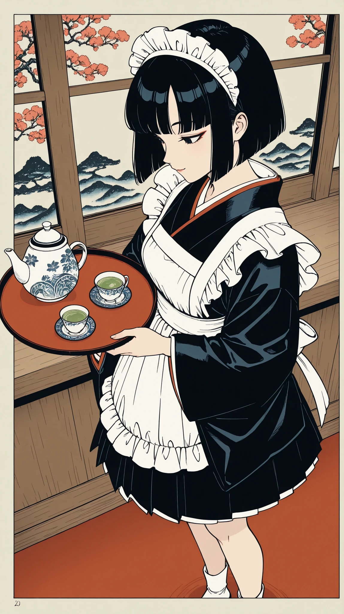 Anime comic style illustration,Red seal in Japanese painting, Traditional Japanese cafe, Ukiyo-e visual, Nihonga influence, Washi texture.engraved,from side,
In a peaceful Japanese cafe setting, a cool and collected **female Wa-maid** is depicted holding a tray with a **teapot**, offering a gentle, welcoming **smile**. Her distinctive uniform combines elements of traditional Japanese attire with maid aesthetics: a **knee-length skirt** and coordinated **socks**. The art style beautifully incorporates the **textures of Ukiyo-e and Nihonga**, featuring a **flat color scheme** and the subtle, organic feel of **washi paper illustration**. The scene radiates a sense of calm and refined service.female saiyan,1hshch1,heroine,

**Camera:** A medium-close shot, angled slightly from above, looking down at her and the tray. This perspective emphasizes her graceful posture and the inviting presentation of the tea.
**Lighting:** Soft, ambient light that accentuates the delicate colors and textures of the Ukiyo-e/Nihonga style, creating a serene and timeless atmosphere.
**Background:** A tastefully appointed Japanese cafe interior, with simple, elegant furniture and traditional decor, all rendered with the distinctive flat color and textured brushwork style.xss,