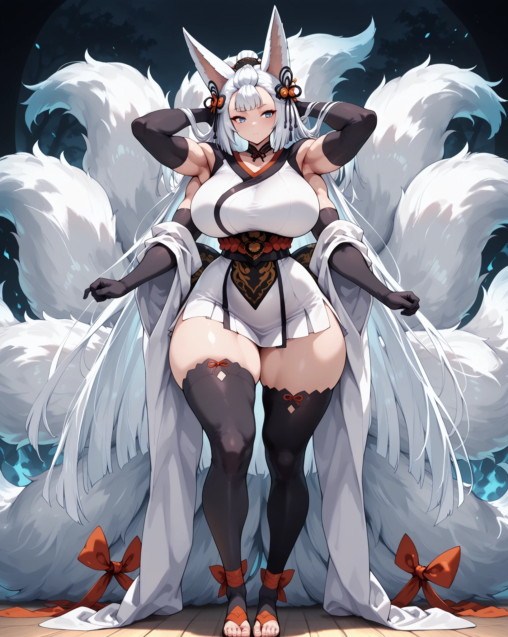 one woman, fox ears, fox tail, silver hair, green eyes, medium breasts, wide hips, full body, hair ornament, mommy, mature lady, well dressed,