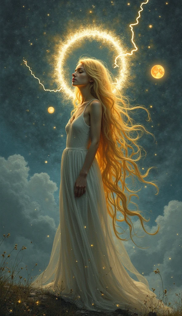 A ethereal, feminine figure with a sorrowful yet regal bearing. Long, flowing golden hair cascades down her back and shoulders. Her skin is pale and luminous, almost translucent. She has large, expressive eyes that shine with a mix of wisdom and melancholy. Ahania wears diaphanous, flowing robes in shades of pale blue and silver that seem to merge with clouds or mist around her. The robes appear almost liquid-like, shifting and swirling as if moved by an unseen breeze. Her face is beautiful but marked by an expression of deep contemplation and a hint of anguish. She may have one hand reaching outward, while the other is pressed to her heart. Surrounding Ahania are subtle symbols of wisdom and sorrow - perhaps a crescent moon, stars, or fragments of scrolls or books floating in the space around her. The background should suggest a liminal space between earth and sky, with swirling clouds and hints of celestial bodies. The overall tone should be dreamlike and surreal, capturing Blake's visionary style and the complex, spiritual nature of Ahania as a representation of wisdom and pleasure separated from the divine.
