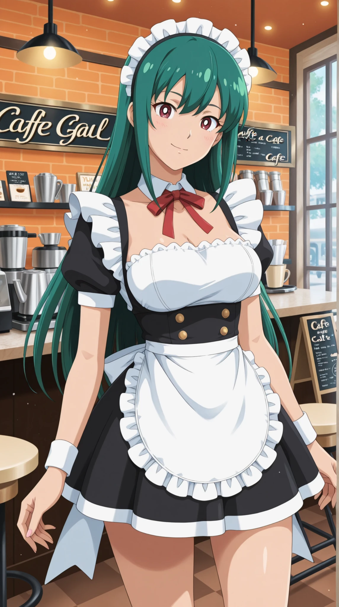 Time Gal with long green hair, dressed as a maid working in a cafe, in full view in a highly detailed anime style
