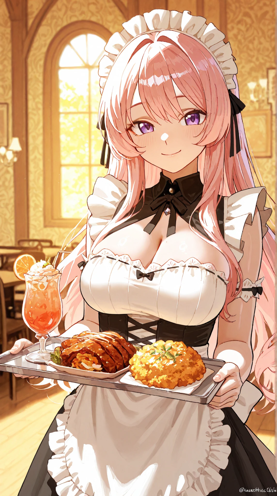 Boob Tray、One Woman、beautiful girl、waitress、20-year-old、Side Ponytail、restaurant、waitressの制服、Short skirt、Black Pantyhose、Holding the tray、Highest quality, smile,, Big Ass、Big Breasts、Very big 、Place your breasts on the tray、 sink into the tray、Empty tray、Place breasts on the tray、おっぱいの下にHolding the tray、Boob Tray