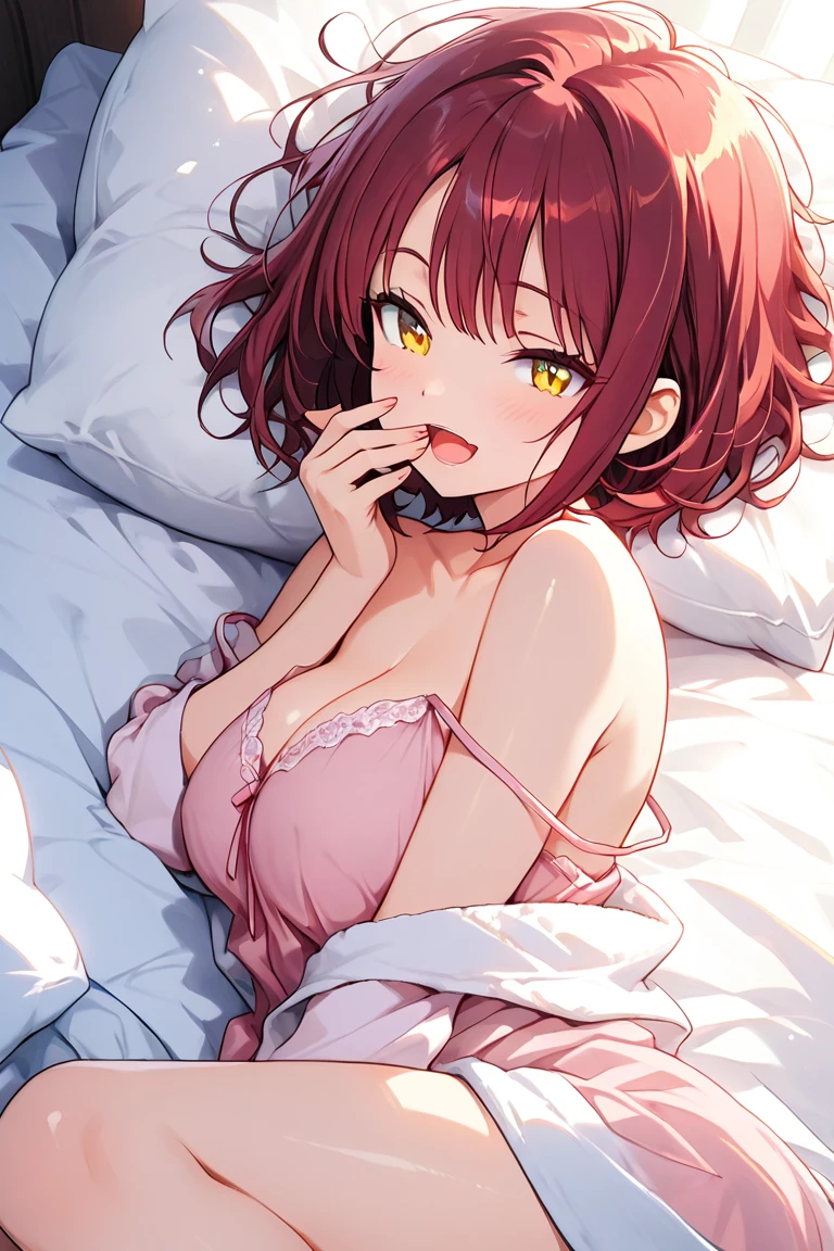 ultradetail、particles of light:0.5、off shoulder loungewear、beautiful cleavage、sleeping face up in bed、beautiful blue eye、half open mouth、natural texture、not wearing pants