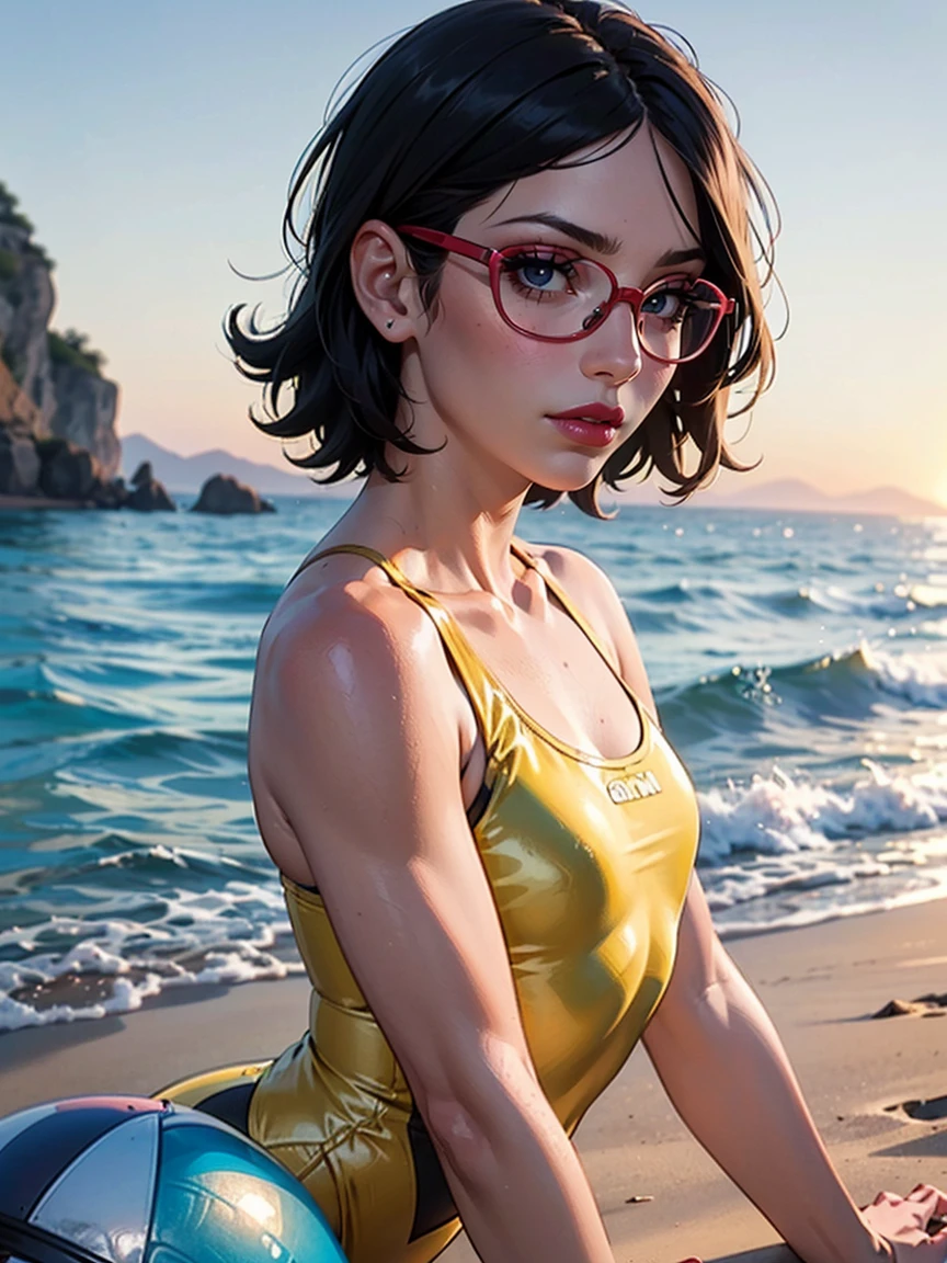 Masterpiece,Solo,1girl,Sarada Uchiha,(Boruto),Big Breasts,Pussy,Perfect Body,Sexy Body Hot,High Quality,High Resolution,Photograph 16K,Short Hair,Glasses,Beautiful,Beautiful Woman,Nude,Beach Background