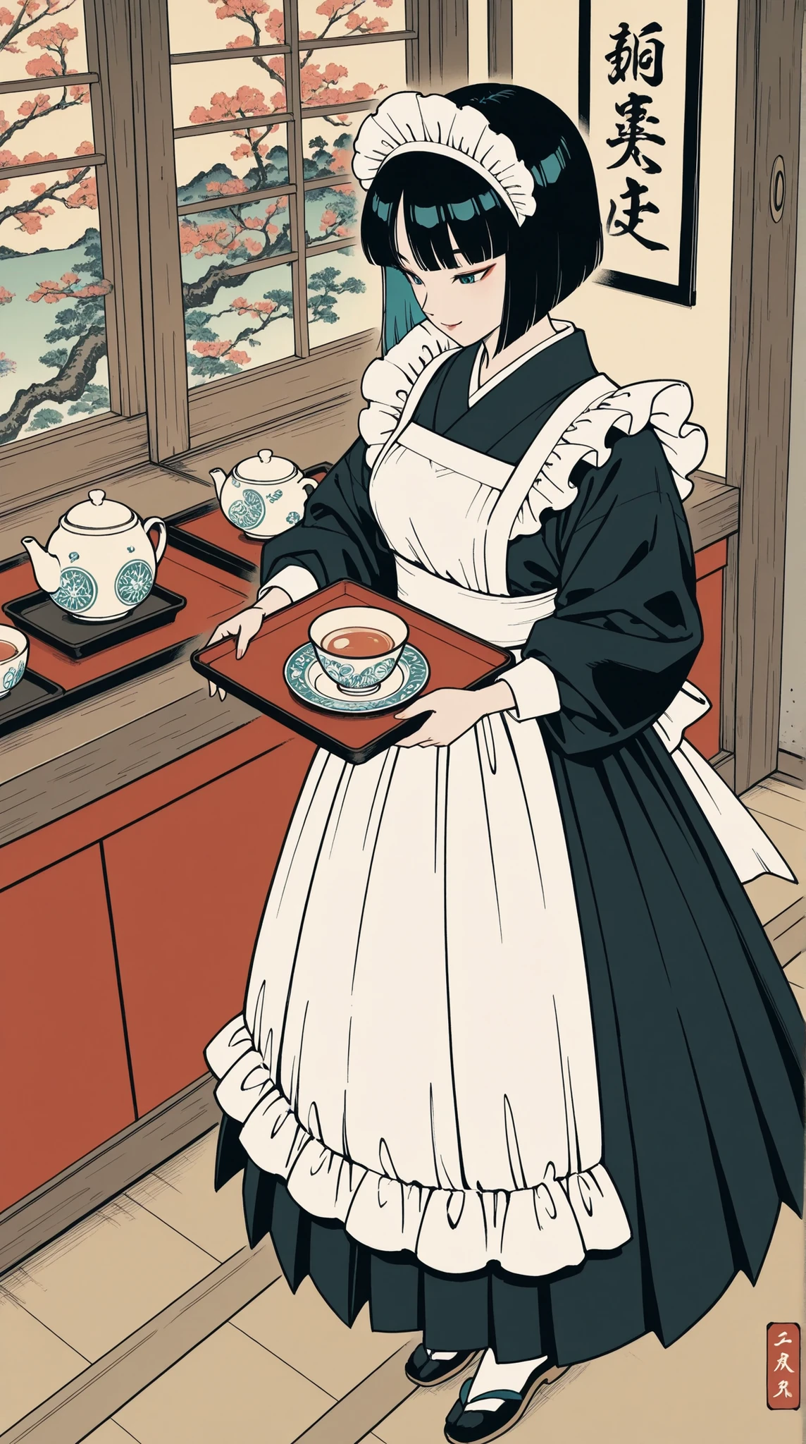 Anime comic style illustration,Red seal in Japanese painting, Traditional Japanese cafe, Ukiyo-e visual, Nihonga influence, Washi texture.engraved,from side,
In a peaceful Japanese cafe setting, a cool and collected **female Wa-maid** is depicted holding a tray with a **teapot**, offering a gentle, welcoming **smile**. Her distinctive uniform combines elements of traditional Japanese attire with maid aesthetics: a **knee-length skirt** and coordinated **socks**. The art style beautifully incorporates the **textures of Ukiyo-e and Nihonga**, featuring a **flat color scheme** and the subtle, organic feel of **washi paper illustration**. The scene radiates a sense of calm and refined service.female saiyan,1hshch1,heroine,

**Camera:** A medium-close shot, angled slightly from above, looking down at her and the tray. This perspective emphasizes her graceful posture and the inviting presentation of the tea.
**Lighting:** Soft, ambient light that accentuates the delicate colors and textures of the Ukiyo-e/Nihonga style, creating a serene and timeless atmosphere.
**Background:** A tastefully appointed Japanese cafe interior, with simple, elegant furniture and traditional decor, all rendered with the distinctive flat color and textured brushwork style.xss,