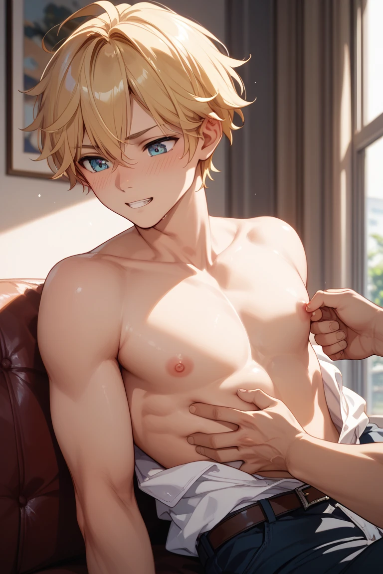 score_9, score_8_up, score_7_up, source_anime, flat color, anime screencap, ikuchan, BREAK, 1boy, wattson, apex legends, genderbend, medium penis, nude, twink, indoors, blonde hair, smug, lean