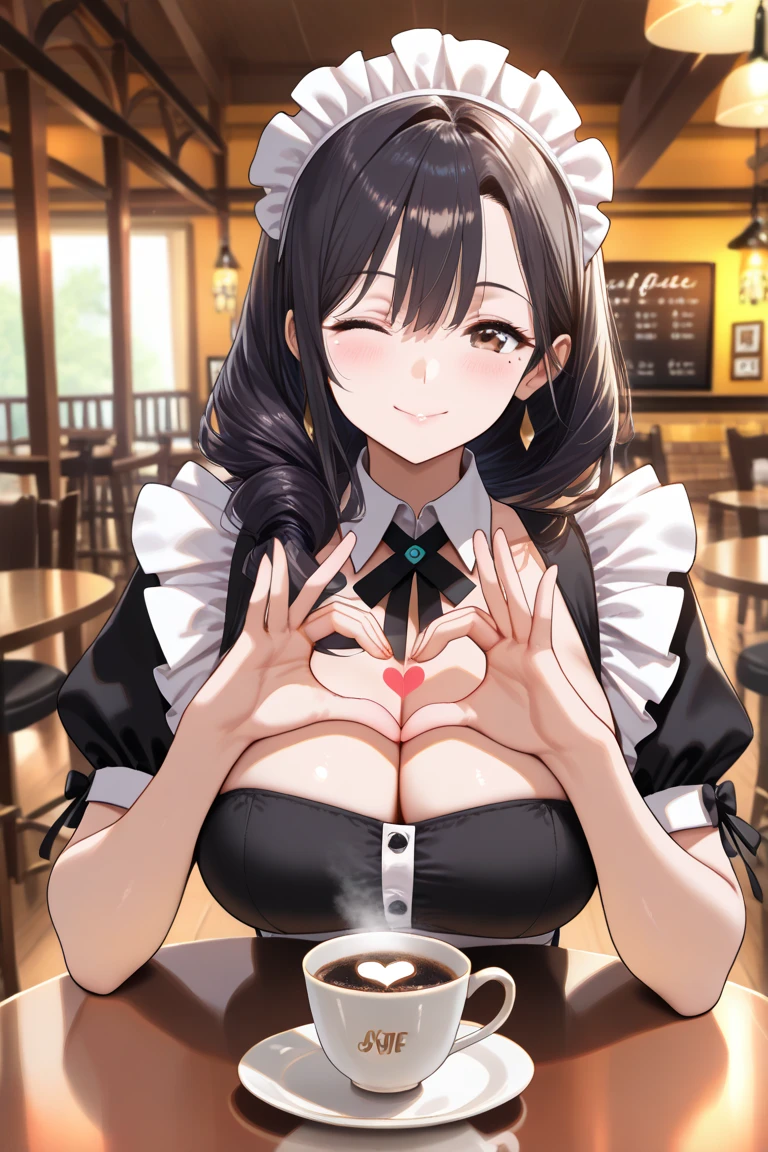 masterpiece, best quality,ultra-detail,1girl, gigantic breasts, black hair, twin-tail, maid, cafeteria, window, breasts on a tray, breasts out,laughing, holding tray, upper body, fog, steaming body, heavy breathing,(breast milk is spurting out),(squirting from nipples), high saturation, from below <lora:breasts_on_tray:1>,
