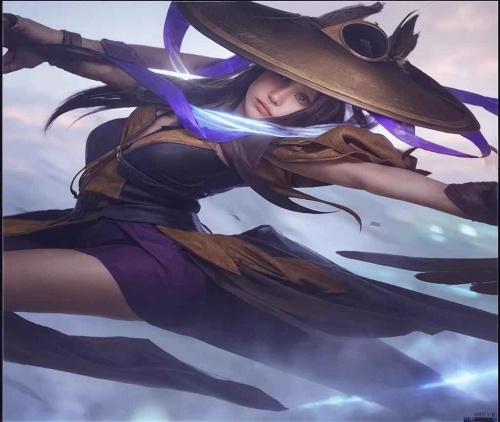A girl with big traditional hat, purple bikin, transparent dress, sword, flying, big breast, Closing eyes, black hair, masterpiece, best quality, ultra detail, 8k, realistic, high resolution, amazing,