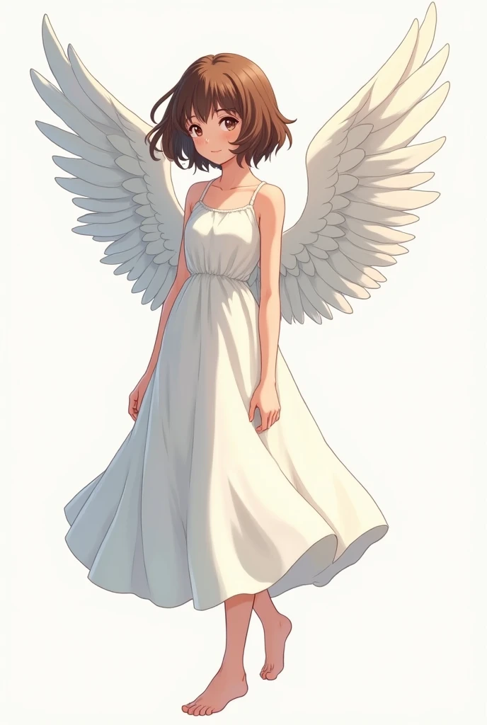  One Piece anime sheet, young woman with white skin, she is beautiful woman, bodysuiy white, her hair is black very short and elegant, she has little angel wings on his back, her eyes are sharp and beautiful, her eyes are brown, One Piece Toei Animation animation style.