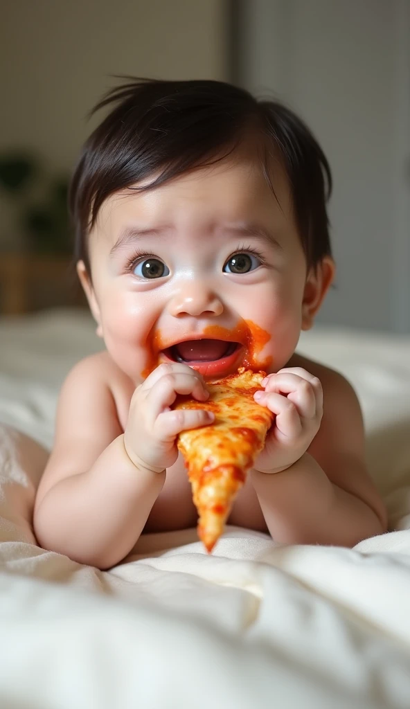 real child eating pizza WITH SMILING without background