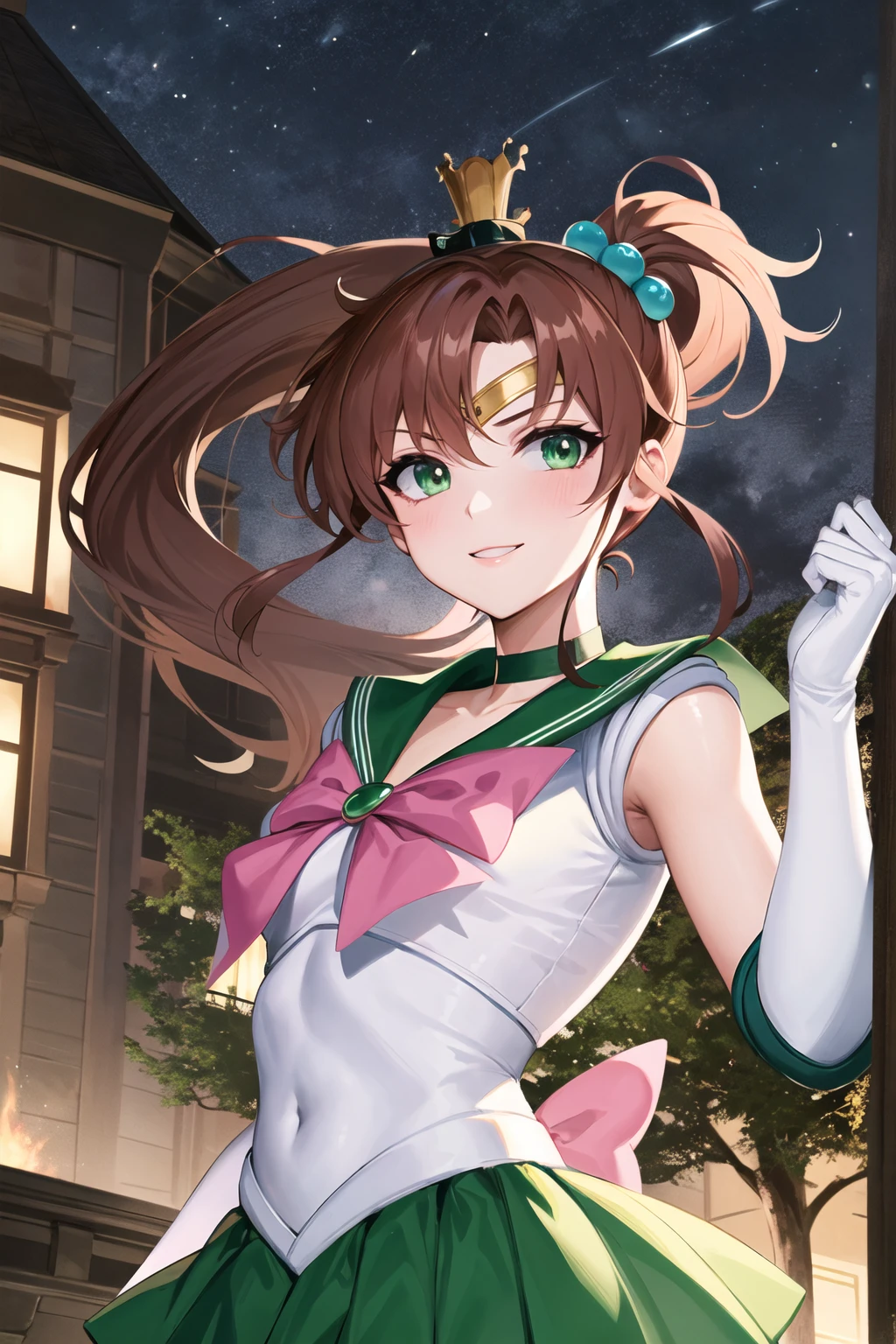 masterpiece, best quality, highres, hmjupiter, green eyes, ponytail, tiara, jewelry, sailor senshi uniform, green sailor collar, choker, elbow gloves, white gloves, pink bow, brooch, leotard, off skirt, cowboy shot, standing, night, moon, flustered,large breasts, panties,white background,simple background, show off nipple,
