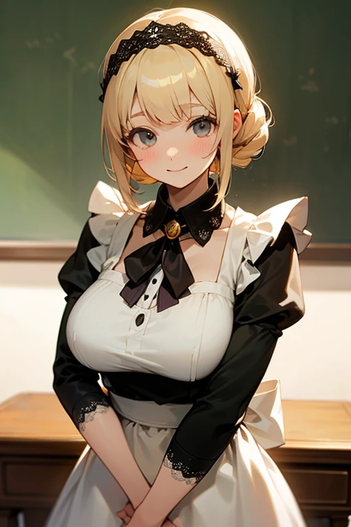 a anime girl in a maid outfit posing for a picture, short yellow hair, big bust, big breast, 3d anime poster, highly, fine detail anime, really large bust, thick neck, hd remastered, large bust, boobwindow
