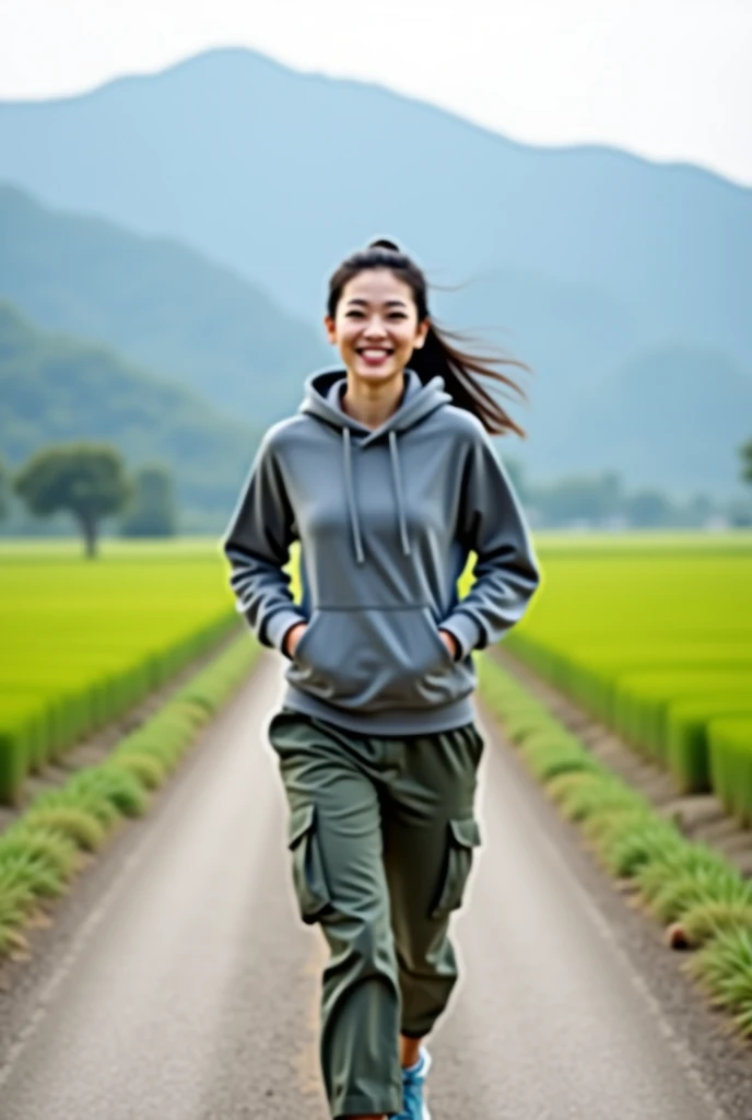 Beautiful Korean girl, smooth white skin, well-groomed face, thin smile, white hijab, black hoodie, rabbit motif, black cargo pants, white snacker shoes, wearing headphones in ears, iPhone cell phone in hand, jogging on a very exotic country road Background Mountain road, on either side of the road there are lush rice fields with colorful flowers which look authentic, real and realistic in photos