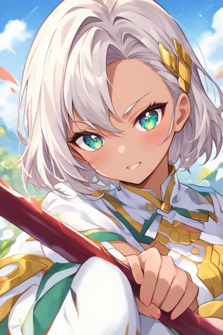 Anime styles, Re zero style, White outfit,white skirt, Gold armored, medium breast, leather belt, Sexy suit, Sexy styles, Sword, White hair, short hair, Green eyes, Elf, Adult age, HD, effect, Luminous tree background