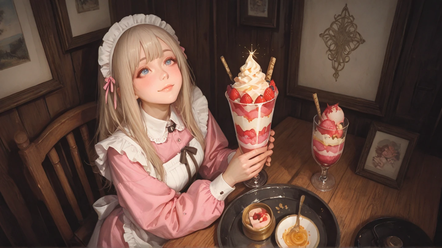 Watercolor painting, subjective perspective, composition with audience looking up as they sit in the seat, a nine-tailed fox maid standing, carefully holding a lacquered ebony tray in both hands, on top of which sits a single dreamy parfait, the fox gazes gently into the camera, her expression is soft and smiling, her eyes sparkle with gold, she's wearing a pale pink and light gold Japanese-style maid outfit, her sleeves fluttering softly, the nine tails swaying and spreading out behind her like watercolors, a fairy tale-like watercolor touch, the background is a fantastical Japanese-style cafe with pale sunlight filtering in, a wooden table is slightly visible, but the parfait is not on the table, a soft blur of light and shadow, the overall atmosphere is warm, tranquil and fantastical