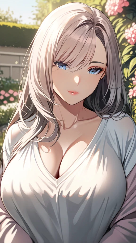 ((masterpiece, best quality, highres, UHD, perfect pixel, depth of field, 4k, RTX, HDR))), 1girl, single, solo, beautiful anime girl, beautiful artstyle, anime character, ((long hair, bangs, silver hair)), ((green eyes:1.4, rounded eyes, beautiful eyelashes, realistic eyes)), ((detailed face, blushing:1.2)), ((smooth texture:0.75, realistic texture:0.65, photorealistic:1.1, anime CG style)), ((medium breasts, cleavage:0.9, busty)), dynamic angle, perfect body, ((POV, dynamic pose, portrait)), ((white sweater, long sleeve, black skirt, plaid skirt, fashionable, 1handbag, 1diamond necklace)), smile, open mouth, amusement park, ((cherry blossom tree, cherry blossoms fall))