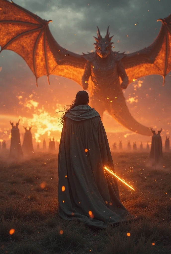 A young man with his back turned, with long hair tied in a ponytail and wearing black robes, He looks so relaxed despite the view in front of him, where several beings are seen that did not stop looking at the young man; Among these beings there were demons, dragons, giants, elves, angels in a gram of war