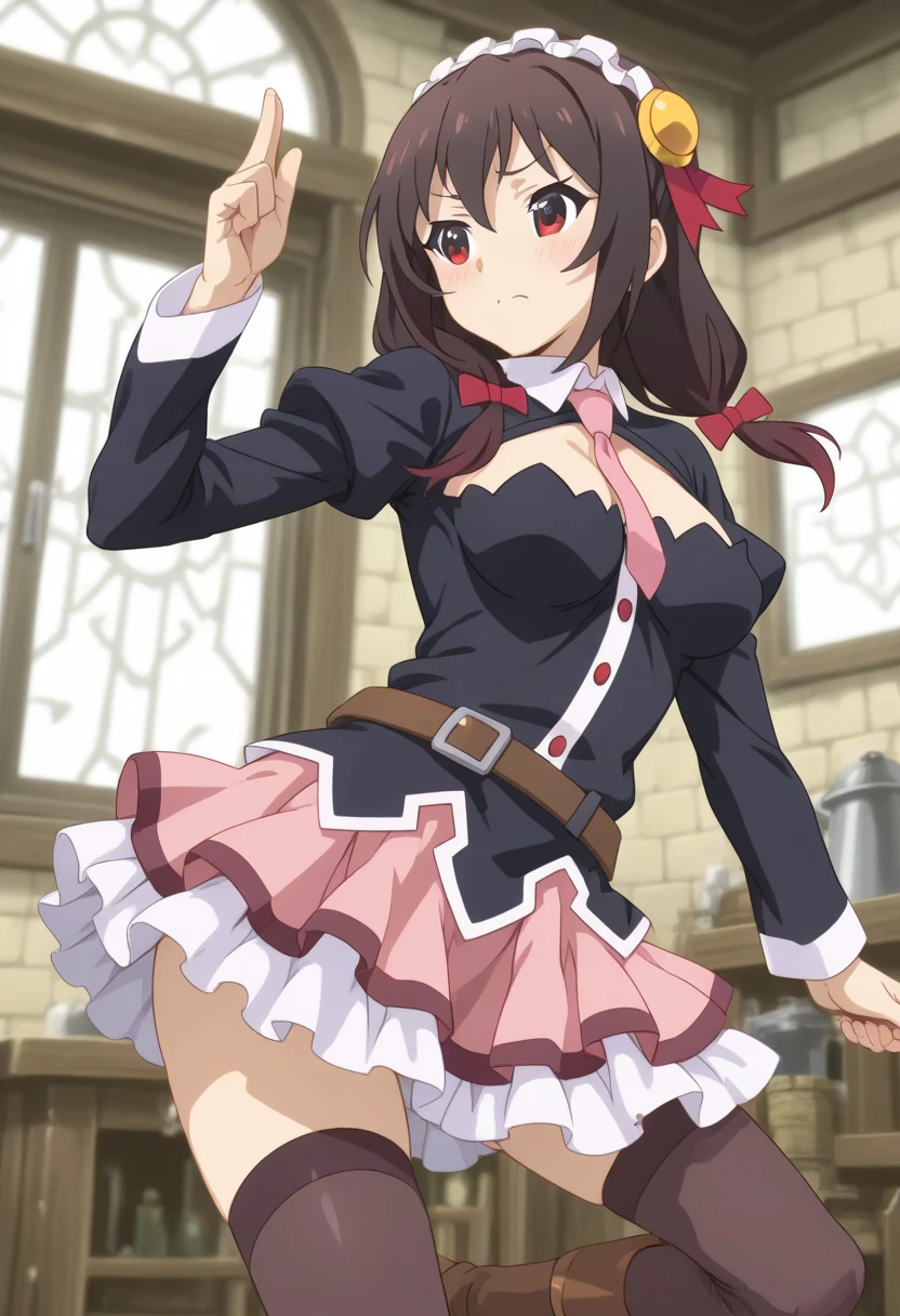 1 girl, solo, Yunyun, solo_focus, bangs, between_breasts, black_hair, blush, bow, braid, crown_braid, hair_bow, hair_adornment, big_breasts, wide_hips, wide_thighs, long_hair, looking_at_viewer, tie, cleavage , pink_tie, pink_skirt, red_eyes, ribbon, tie, red leggings, boots, (detailed skin: 1.2), tight_clothing, skin indentation, cowboy_shot