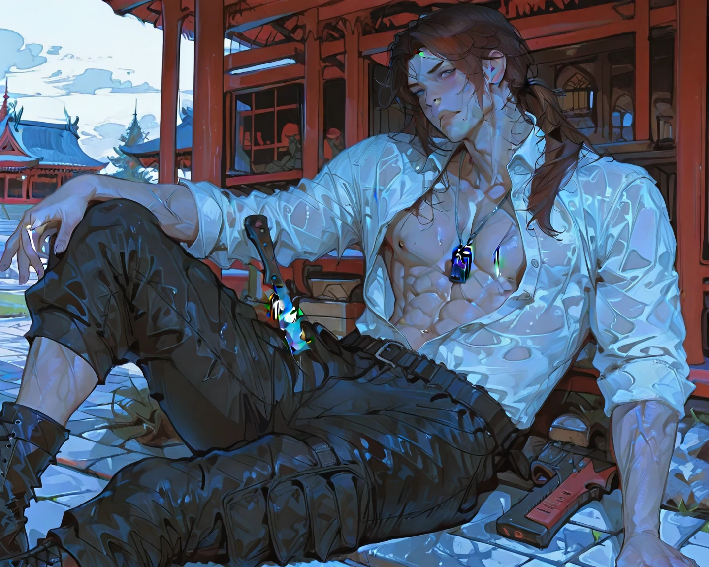 anime character riding on a tiger with a sword in his hand, expressing joy. by krenz cushart, by Yang J, ninja scroll anime style, rob rey and kentaro miura style, trending on artstation pixiv, ross tran style, shigenori soejima illustration, artgerm and atey ghailan, otto schmidt