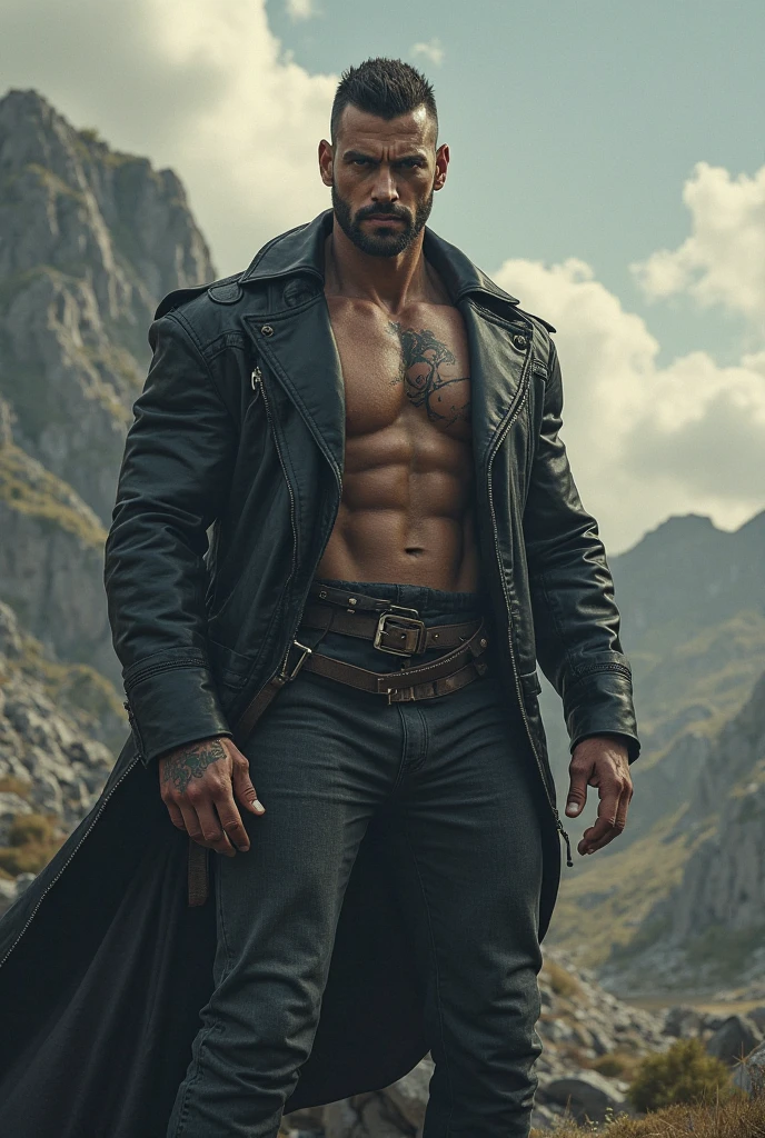 The cowboy is in the middle of a vast desert, where the sand dunes extend as far as the eye can see. The sunset sun casts a golden light over the arid landscape, creating long shadows and highlighting the muscular contours of the cowboy. With an imposing and seductive posture, he stands with confidence and power. He wears a wide-brimmed hat that casts a shadow over his face, adding a mysterious air to his appearance. His eyes, deep and penetrating, look straight ahead with an intense and seductive gaze, conveying a magnetic confidence. A slight smile plays at the corner of his lips, suggesting an irresistible charm. His physique is perfectly sculpted, with toned muscles and an upright posture denoting strength and determination. He wears a tight leather vest that highlights his athletic torso, and his tight jeans adapt to his powerful legs. Sturdy leather boots protect his feet from the harsh and rough desert terrain. With one hand resting on the revolver hanging loosely from his hip, showing off his skill as a gunslinger. The other hand is supported on the saddle horn, ready to take on any challenge that arises on the desert horizon.