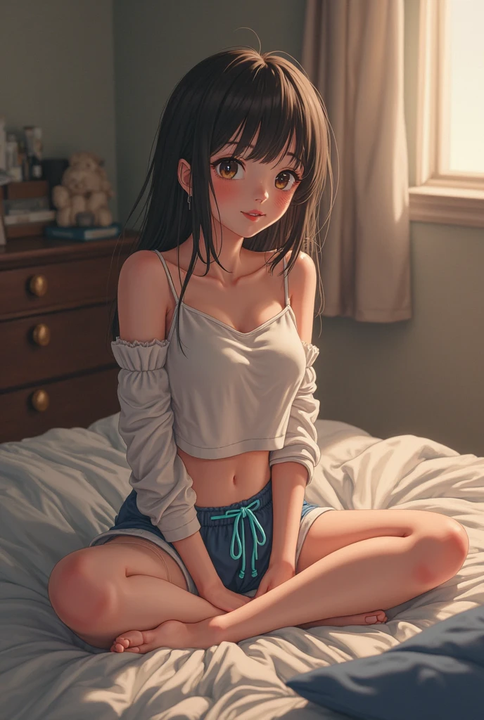 Japanese cartoons girl sitting on a bed with a suitcase in the background, the Japanese cartoons girl is crouching, Actress 👀 :8, beautiful Japanese cartoons girl squatting, From Girl Front, seductive Japanese cartoons girl, female Japanese cartoons character, Japanese cartoons. Soft lighting, 4k Japanese cartoons wallpaper, guweiz on pixiv artstation, badass Japanese cartoons 8 k, return