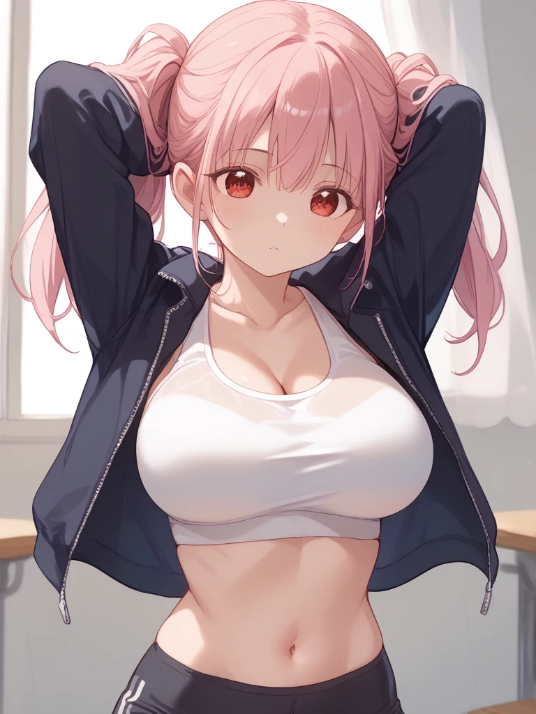 ((big tits)),((full bust)), ((Round breasts)), pink hair,long hair,blue eys,breath,sweat,wet,frustrated,(slender:1.4),(Toned stomach:1.2),bra under the shirt,(cleavage:1.3),(bent over), looking away,pink Sweatsuit,open shirt,show off bra,black bra,((embarrassed)),from below