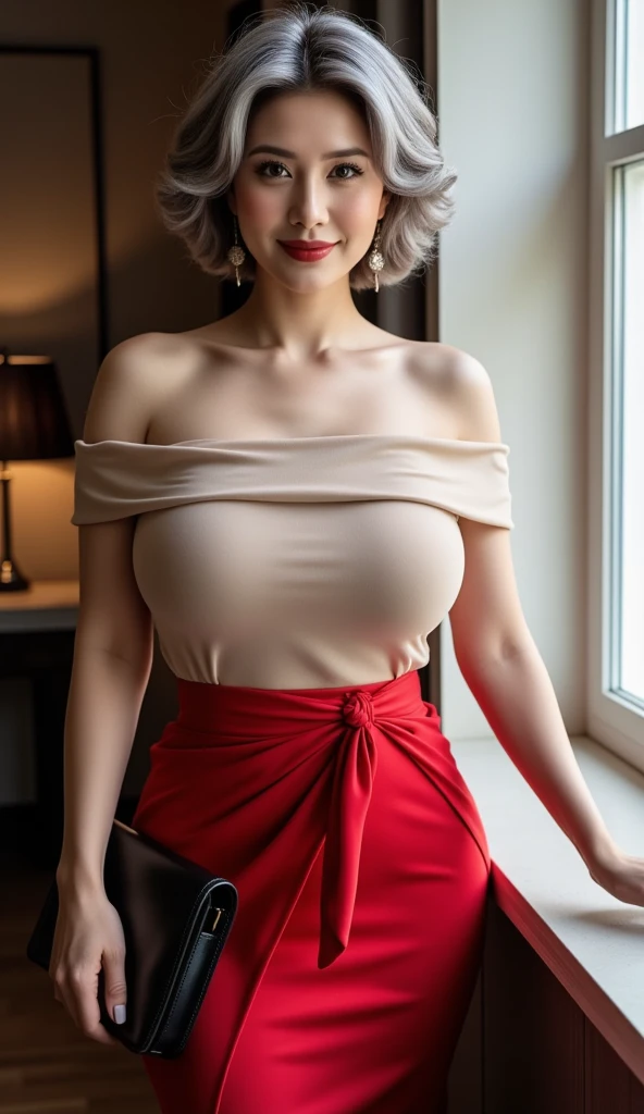 masterpiece, best quality, 8k, super detailed skin, 1girl, short hair, blonde, glasses, red dress, big breast, blush, smile