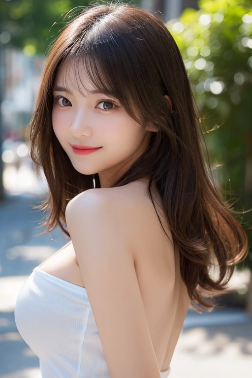 Tabletop, Highest quality, figure, Super detailed, In detail, High resolution, 8k wallpaper, Perfect dynamic composition, Beautiful attention to detail, Medium Hair, Small breasts, Natural color lip, Random sexy poses,smile,Metropolis、20-year-old girl、Midnight、Beautifully detailed face、Perfect and beautiful face,Big eyes、Real Photo、Raw photo、Real human skin,Detailed skin:1,4