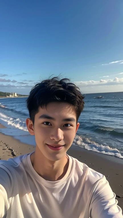 high resolution, realistic, A hyper-realistic, boy, Edgy Ulzzang boy, gorgeous boy face, smiling, showing dominance, skinny body, shirtless, male, fair skin, sweating wet, armpit,focus full body,naked.show his cock.