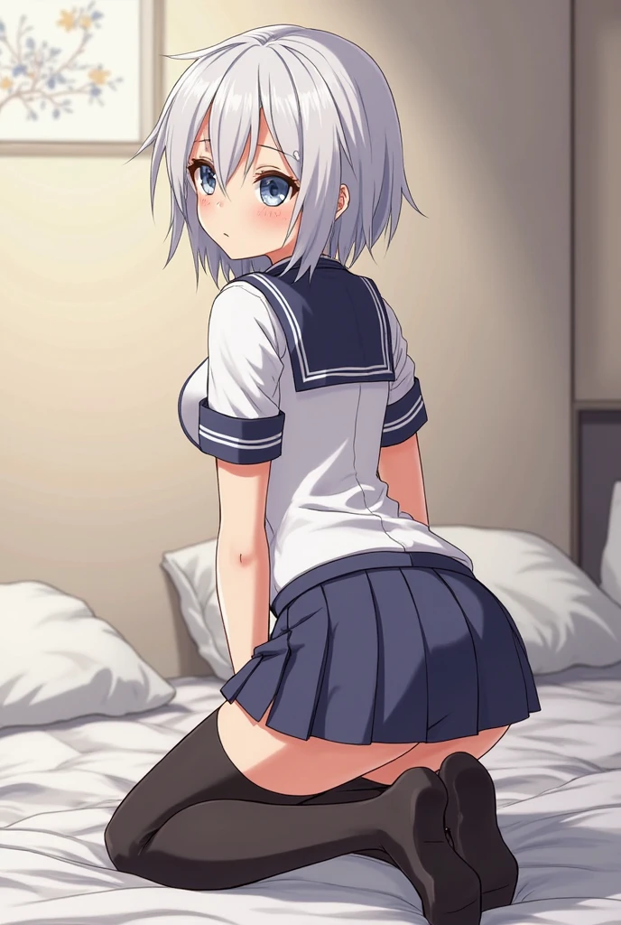 {best quality}. {very aesthetic}. {ultra-detailed}, {best illustration}, nsfw、 overflow、from behind、all fours、dogex from behibodysuit、blush,angry、bottomless、, serafuku, pleated skirt, sailor collar, white shirt、Girl looking back、angry、angryった顔、Glare、Baby Face、Semen、shame、Consts、White skin、Silver Hair、blue eyes、Bob Hair、Shortcuts、Focus on the butt、Take a closer lo