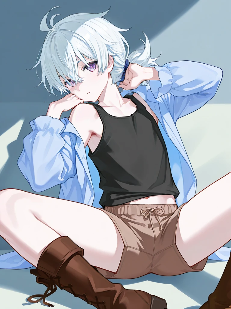 1boy, glowing, sidelighting, wallpaper,masterpiece, best quality, high quality,10yo, male focus, full body, looking at viewer, white hair,spiky hairstyle, short hair, steam smork, japan style, anime coloring, shy, home muji style, detailed face, topless, white towel on waist,white silk, outdoor, sweat,shotcan,big breasts exposed cleavage,foot,Step on the lens