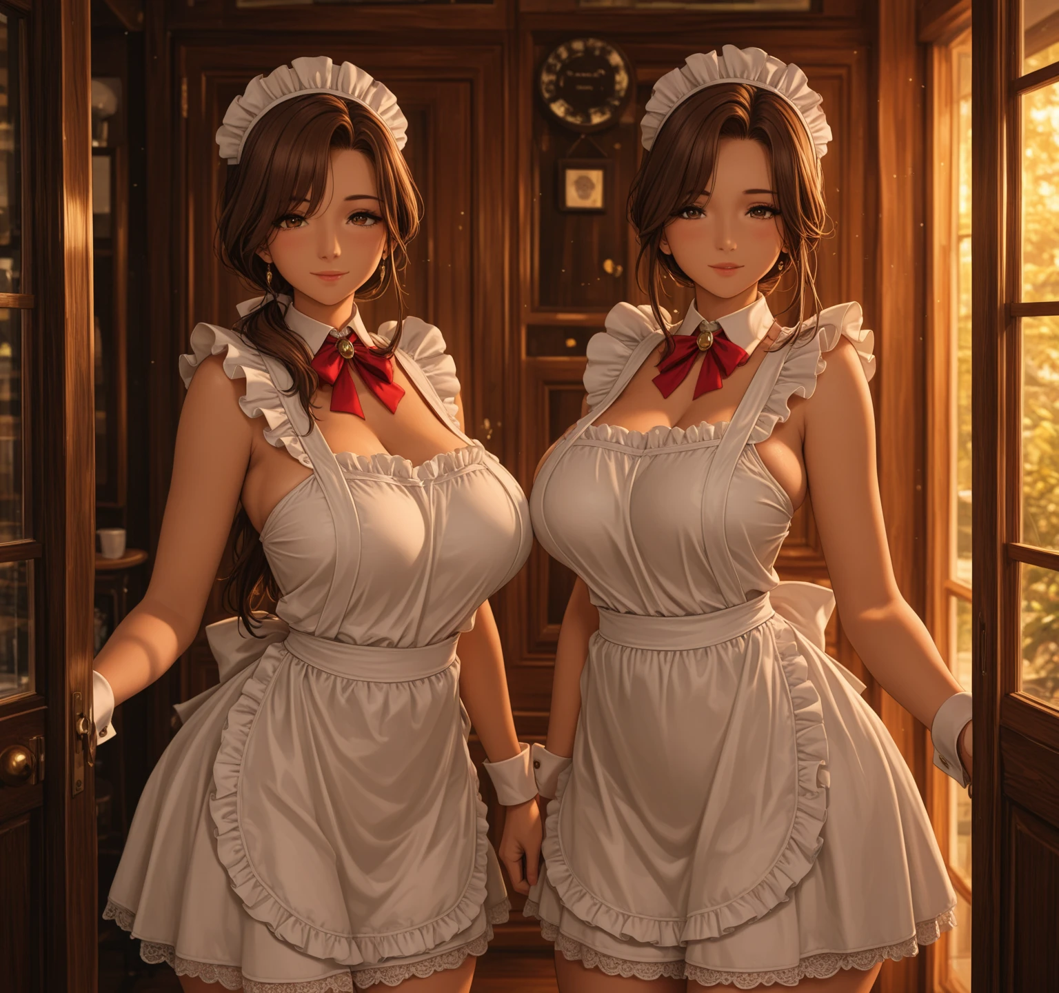 8k, Best Quality, Masterpiece, Realistic,, Ultra Detailed, Two Women (AV Actress + Enchanting Feminine Seduction), Fair Skin, One Silver, One Black and Gray. 8k portrait rendering, beautiful detailed sky, detailed café ,messy hair, wet skin, wet shirt white transparent shirt, wet hair,,squinting,thin eyebrows,facing the audience, bloom effect, super detailed face, beautiful and delicate eyes, mature face smile (shut up), plump body [[[black lace styling lingerie]], medium breasts, messy fabric, messy skirt, messy lingerie, lifted shirt, standing in front of the table, afternoon tea table, pure lust seduction super detailed illustration, collared shirt (lace, White transparent shirt), perfect legs and feet, white silk calf socks. Best environment (raining outside), long legs + white silk calf socks, white lace, long hair (hair over one eye),,cinematic light,warm sunlight,full body image, beauty and aesthetics, detailed background, soft shadows, warm lighting, bloom, contrast, light reflection against darkness, wide dynamic range, HDR, low light: 1.2