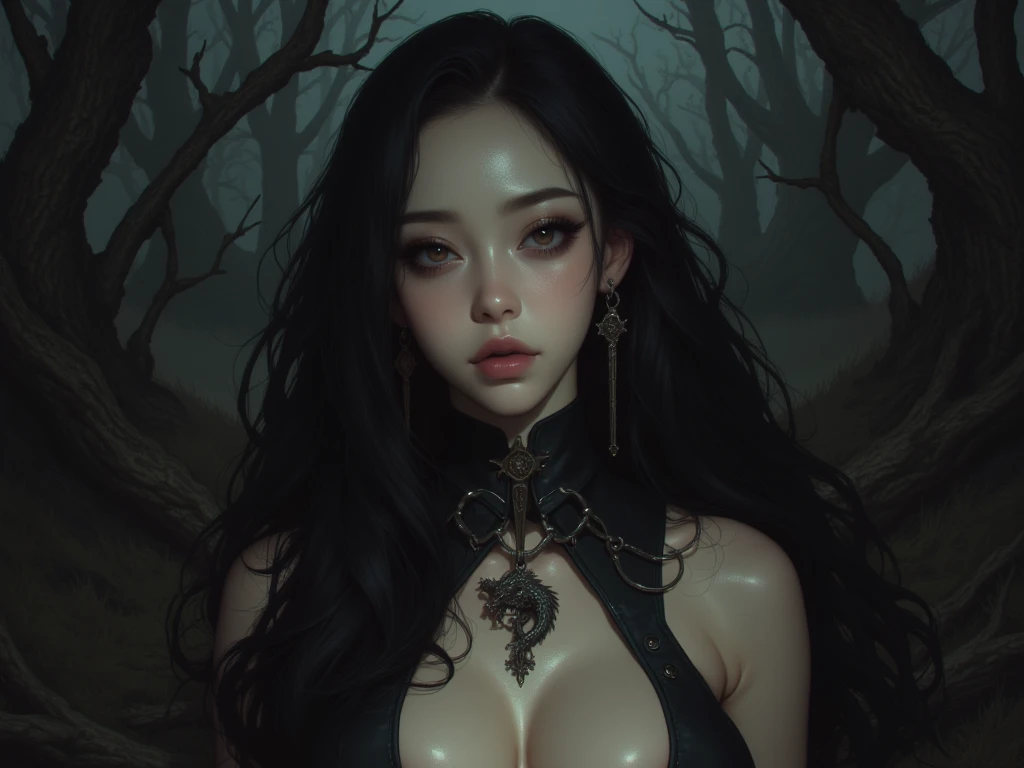 Woman, pale, black lipstick, old veemelha clothes, vampire, breasts out, ultra reality, masterpiece, best quality, inside a wood, (lying down),