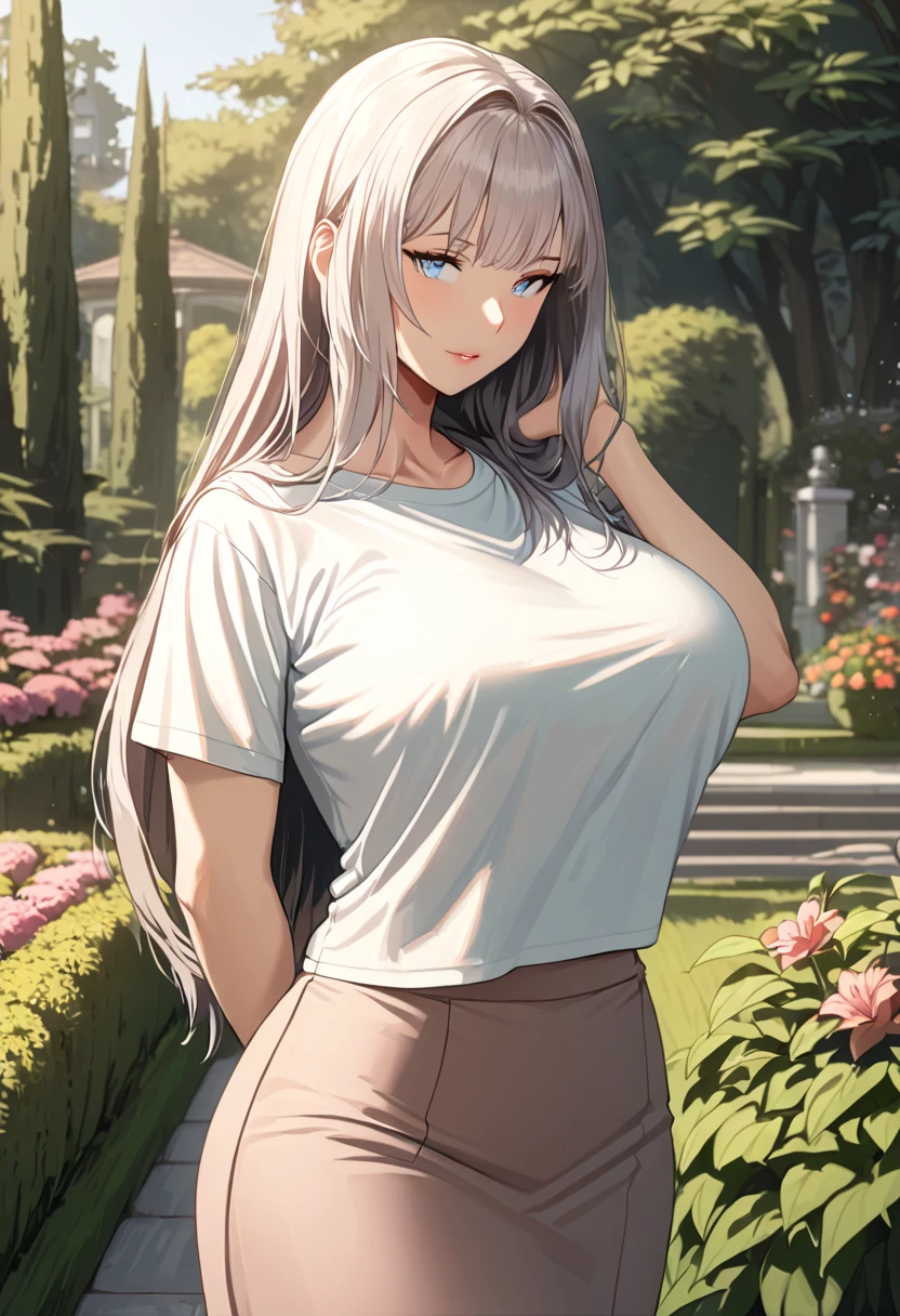 ,Female, 18 years, cute girl, Female,skirt,Slightly transparent tank top, slender body, sits on a bench, against the background of the park