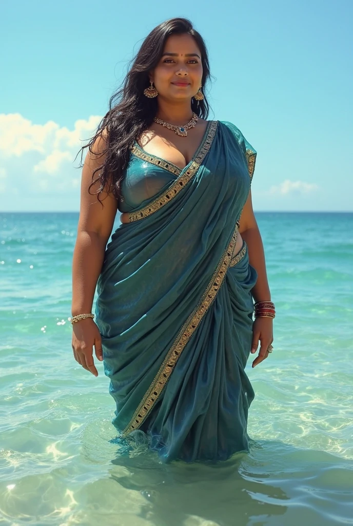 1 Heavenly beautiful and goddess beauty cute and sweet looking face Arabian woman in front of Glass Beach, California, Heavenly beautiful Overweight, Heavenly beautiful Extremely fat, Heavenly beautiful and attractive Chubby figure , Heavenly beautiful looking and eye catching luxury style saree , reaching out, Heavenly beautiful Arabian woman, 16k, High resolution, masterpiece, highest quality, fine skin, outside view, Realistic Photograph