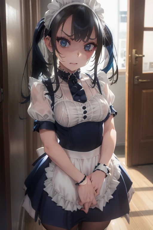 Arafed image of a beautiful girl dressed as a maid and white stockings posing for a photograph, anime girl, royal blue maid uniform with miniskirt and ruffles, short sleeves, choker with a blue bow, white apron, low-cut chest, large round breasts, colored inner hair, dark brown hair, bangs, long hair, ponytail, wavy hair, swept bangs, shiny hair, hairclip, hair ribbon, maid headdress, butterfly hair ornament, aqua eyes, glowing eyes, pupils sparkling, earrings, shy, blush, red lips, glossy lips, teeth, nose blush, embarrassed, (standing, modern mansion, skirt lift), full body, defined and perfect body, high detail, anime, anime style, chiaroscuro, depth of field, dithering, image fill, framed, wide shot, panorama, perspective, lens flare, Wide-Angle, f/1.8, 85mm, Nikon, 8k, super detail, UHD, retina, masterpiece, accurate, anatomically correct, high details, best quality, highres, 1080P, 16k