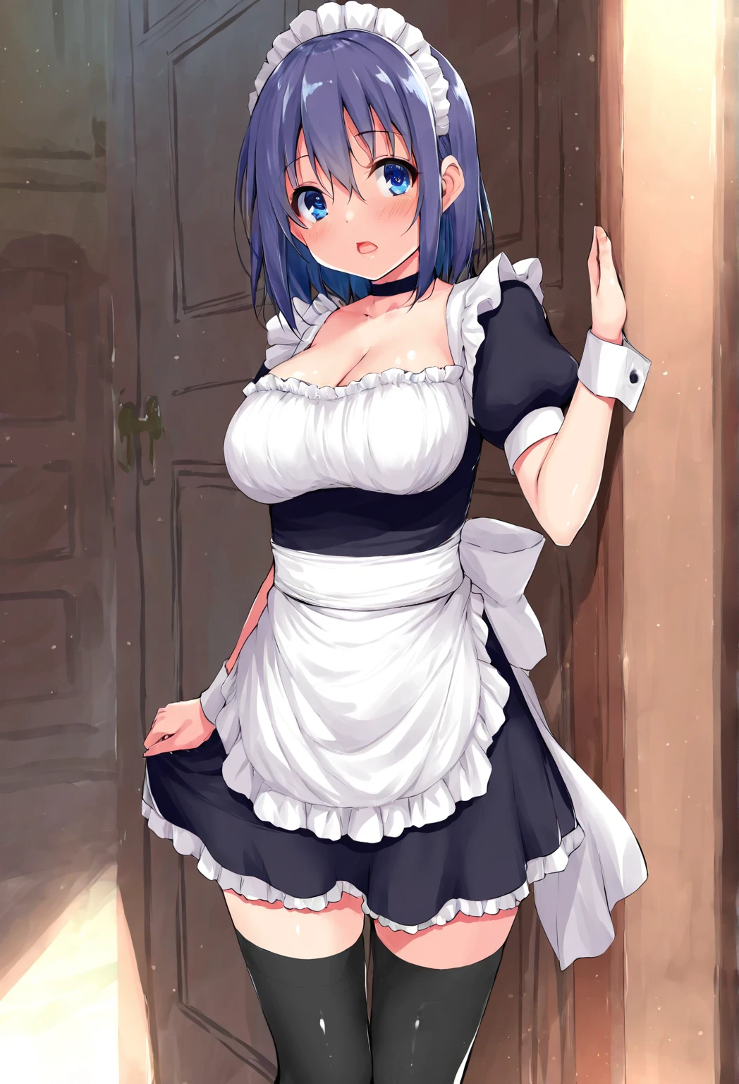 ​masterpiece, hightquality, 8K, beautiful  lighting, 1girl in, 独奏, Akane,  (one length bob:1.3),(darkblue hair:1.3), Smile with open mouth, (maid clothes:1.2), （Maid Cross, Mini Swirl Skirt, Maid Bandana,）、((Black bow, black bowtie, Puffy Short Sleeves, , frills skirt:1.3)),, cowboy  shot, looking at the viewers, ,Big breasts emphasis、Naughty thighs、shiny oily skin with high contrast,Too large breasts, huge long breasts, Naughty big,爆乳、Bursting chest、huge-breasted、pointed breast、red blush、(Skirt lift:1.3), (White lace panties:1.3)、(Skirt that rolls up:1.3)、(Fully exposed panties:1.5)、in a house