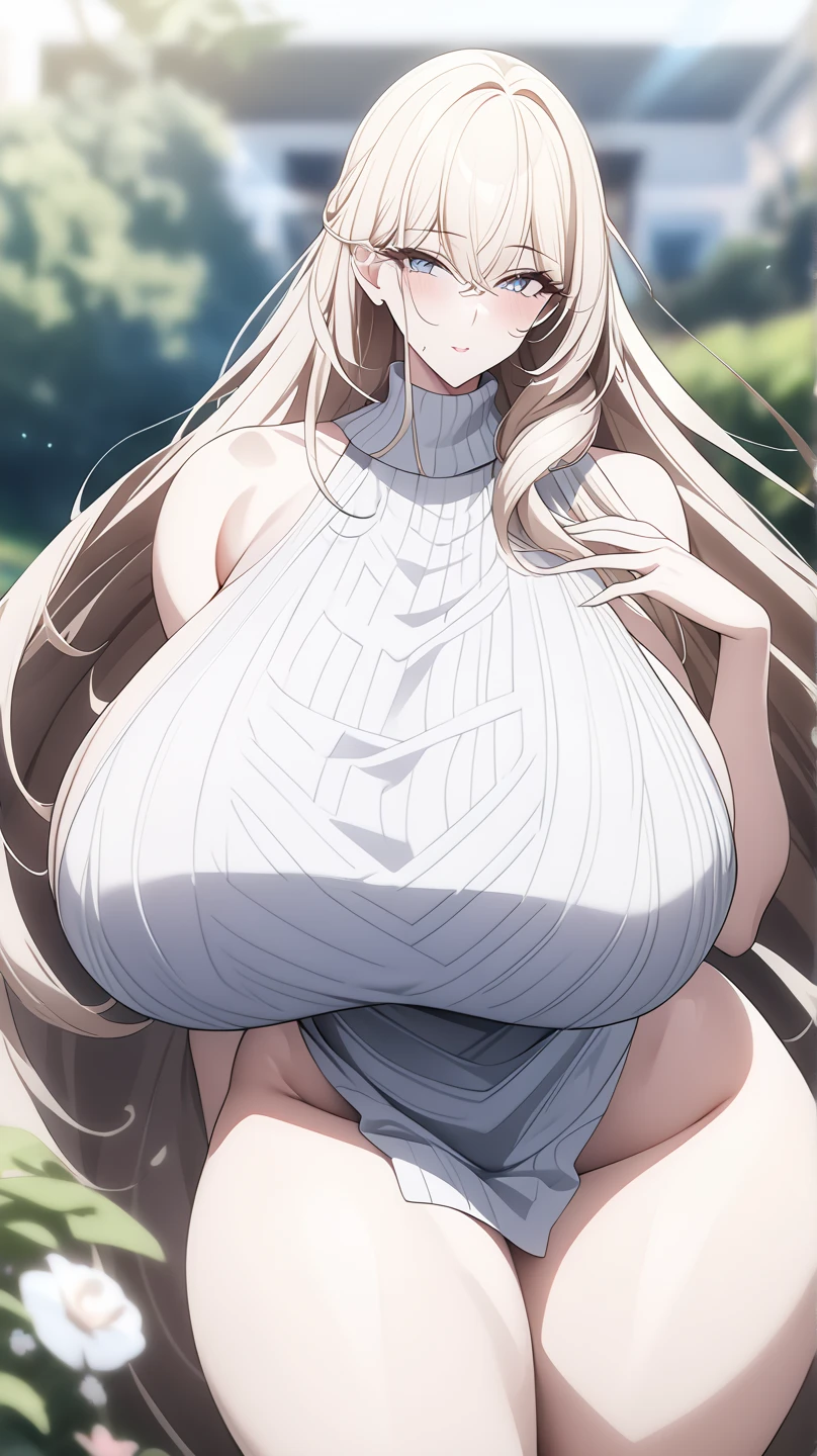 blonde wavy hair、cute anime face、thick thighs、8k、4k、highest quality、(High resolution:1.6)、noise reduction、((glowing green eyes、high detail eyes:1.5、Sweat、blush、open your mouth))、(SFW huge body:1.5)、(((model pose)))、(nude style:1.6)