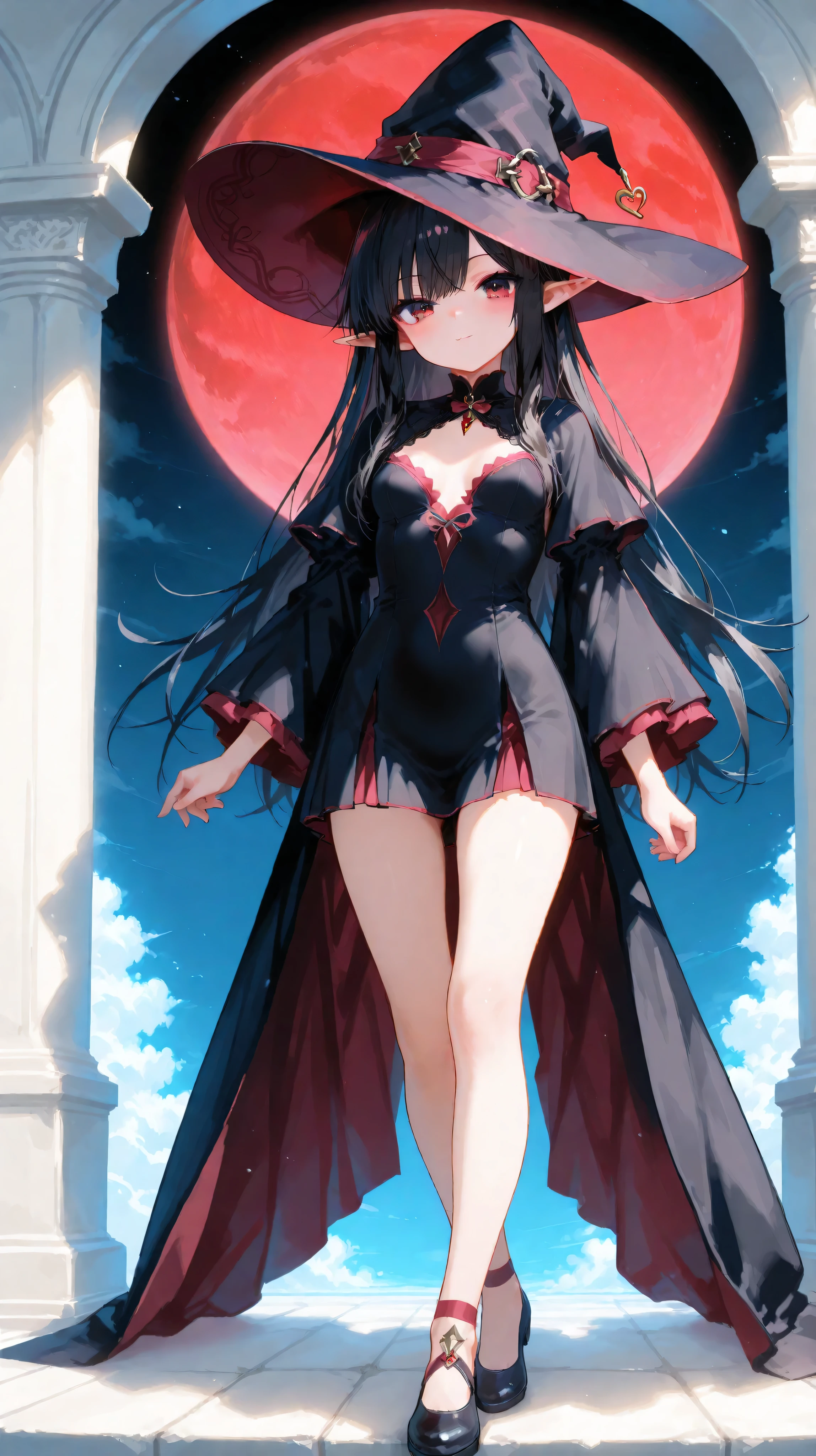 1girll,The barefoot,Black hair,nedium breasts,cleavage,New Moon,Cross ed leg,shift dresses,moon full,long whitr hair,looking at viewert,mediuml breasts,themoon,red dress,Red Moon,sitted,solo dancing,High heels,a throne,Very long hair,White leg suit