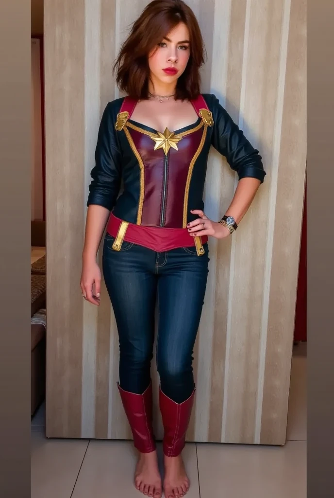 ((Realistic lighting, Highest quality, 8K, masterpiece: 1.3)), Clear focus: 1.2, 1 Girl, Perfect Body Beauty: 1.4, Slim Abs: 1.1, ((Dark brown hair, Big Breasts: 1.3)), (Finished with body paint, ((whole body)), captain marvel cosplay, bare feet