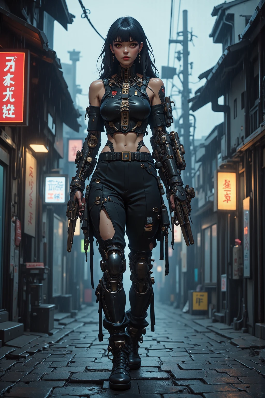 1female samurai cyborg wearing a cloak, (Black Coat:1.2), holding sword, Katana, God of War, complex, 8k, wallpaper, (Masterpiece, Best quality:1.2), extremely detailed, cinematic, iridescent, armor, mecha,