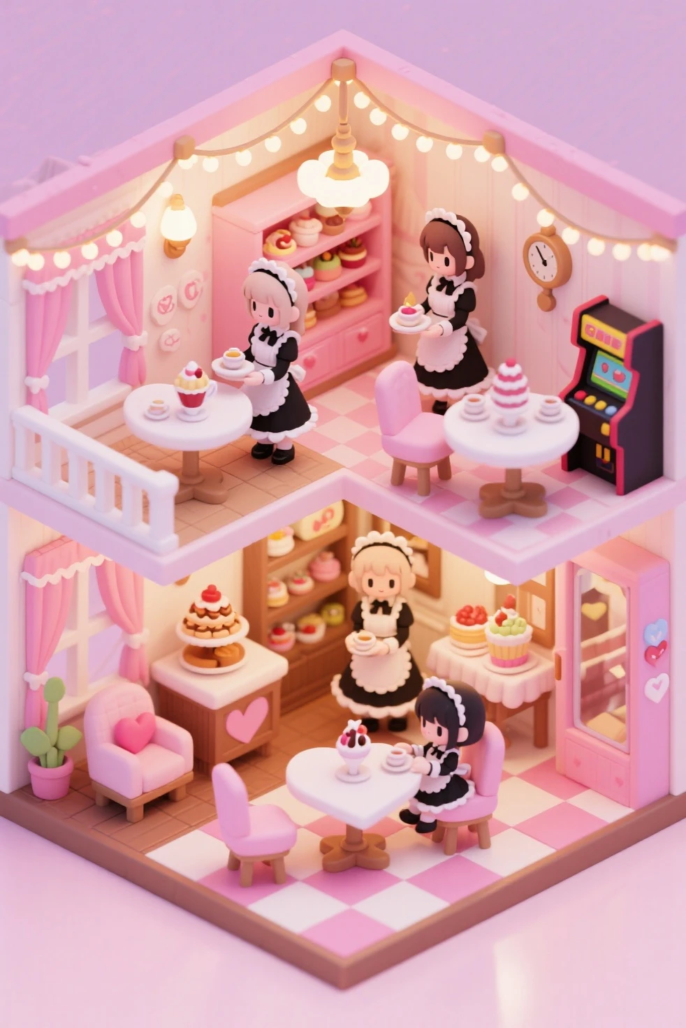 top-down isometric view, dollhouse-style cutaway of a vibrant maid café interior, roof removed to reveal multiple cozy rooms with cute pink and white decor, frilly curtains, heart-shaped tables, and checkered floors, adorable maids in black and white frilly uniforms serving parfaits and tea to chibi-style guests, each room with distinct themes like a tea room, a sweets corner, a retro arcade booth, and a dressing room, tiny chandeliers and fairy lights hanging from the ceilings, detailed miniature furniture like plush chairs, dessert displays, and vintage clocks, warm ambient lighting, soft pastel color palette, ultra-detailed illustration, cinematic lighting, whimsical anime toyhouse aesthetic, high-resolution, best quality, perfect thumbnail composition