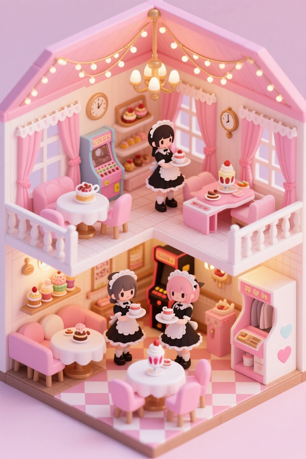 top-down isometric view, dollhouse-style cutaway of a vibrant maid café interior, roof removed to reveal multiple cozy rooms with cute pink and white decor, frilly curtains, heart-shaped tables, and checkered floors, adorable maids in black and white frilly uniforms serving parfaits and tea to chibi-style guests, each room with distinct themes like a tea room, a sweets corner, a retro arcade booth, and a dressing room, tiny chandeliers and fairy lights hanging from the ceilings, detailed miniature furniture like plush chairs, dessert displays, and vintage clocks, warm ambient lighting, soft pastel color palette, ultra-detailed illustration, cinematic lighting, whimsical anime toyhouse aesthetic, high-resolution, best quality, perfect thumbnail composition