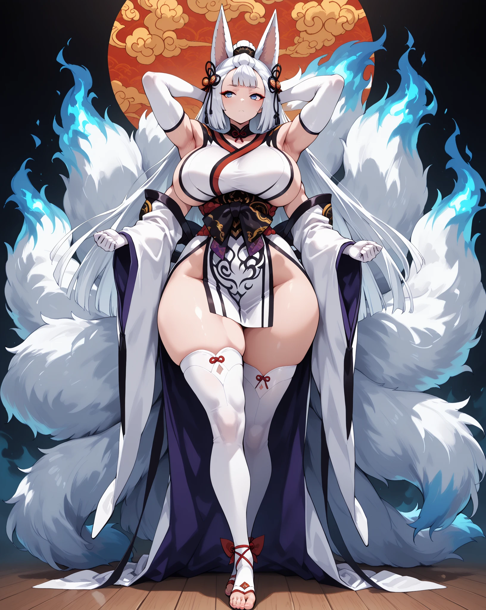 1 girl, Kaga \(azur lane\), fox girl, blue eyes, white hair, short hair, blunt bangs, white fox ears, white fox tail, multiple tails, large breasts, full body, sitting on a bed, legs crossed