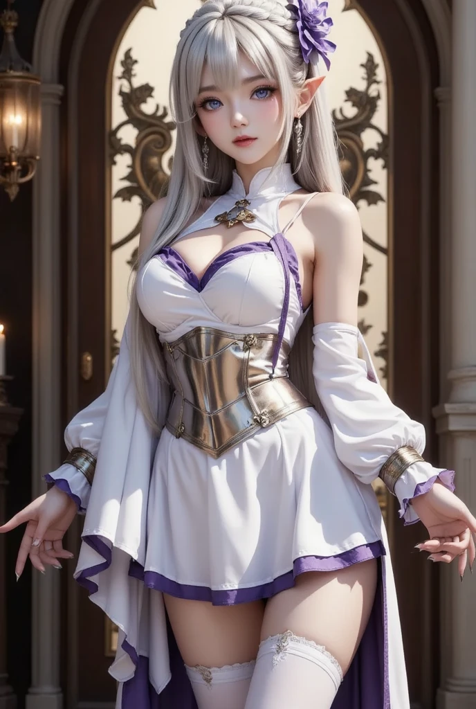 full body display,((Sasha, Greek temple,long purple hair, White dress with gold embroidery edges, golden collar, short skirt ,sleeveless, bare shoulders, clavicle, gold accessories, corset)), 1 girl, 完美的asian goddess,detailed facial features,Stunning supreme beauty,solemn,(from below:1.3)(best quality, actual), fair skin and seductive eyes, full body display，1 girl, alone,(((asian goddess+huge breasts+Raised sexy+supermodel+long legs+delicate skin+perfect face))), (best quality at best+Ultra high quality+ masterpiece+precise+anatomically correct+Ultra-detailed+high detail+ high quality+Award-winning+high resolution+best quality+Award-winning+8k)，[[[[extra hands]]]]